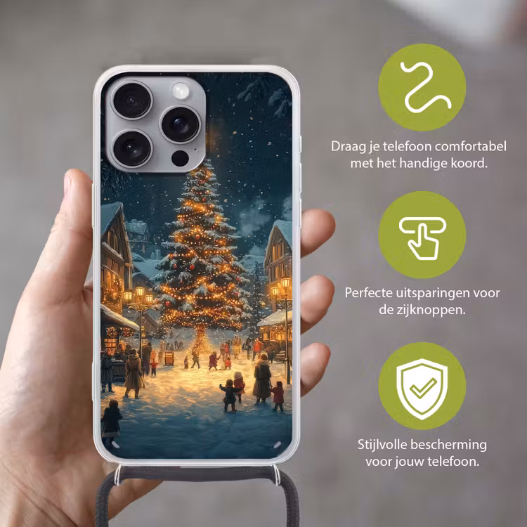 Kerstfeest - Dorp - Donker Hoesje iPhone 16 Pro Max met koord klein -sfeer2_NL