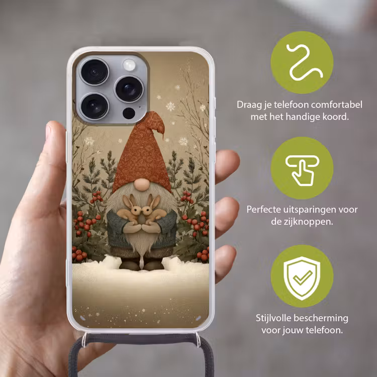Kerstgnome - Konijntjes - Kleurrijk Hoesje iPhone 16 Pro Max met koord klein -sfeer2_NL