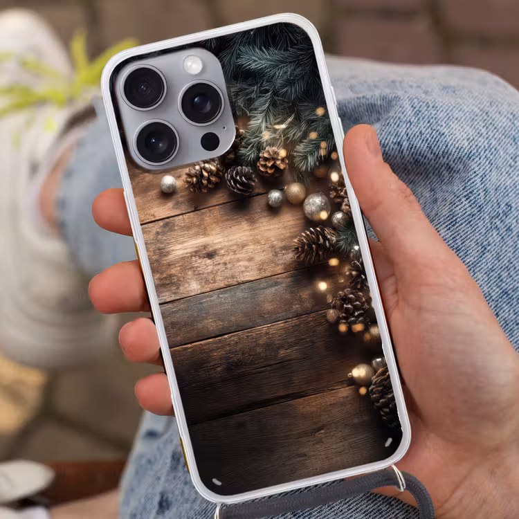 Kersthoekdecoratie - Dennenappels - Lichtjes Hoesje iPhone 16 Pro Max met koord klein -sfeer3
