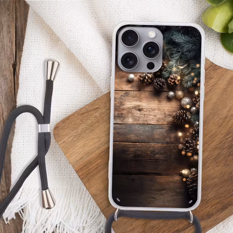 Kersthoekdecoratie - Dennenappels - Lichtjes Hoesje iPhone 16 Pro Max met koord klein -sfeer4