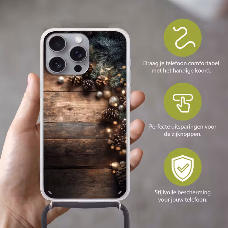 Kersthoekdecoratie - Dennenappels - Lichtjes Hoesje iPhone 16 Pro Max met koord klein -sfeer2_NL