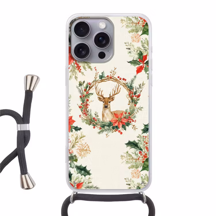 Kerstkrans - Hert - Hulst - Rood Hoesje iPhone 16 Pro Max met koord klein -3d