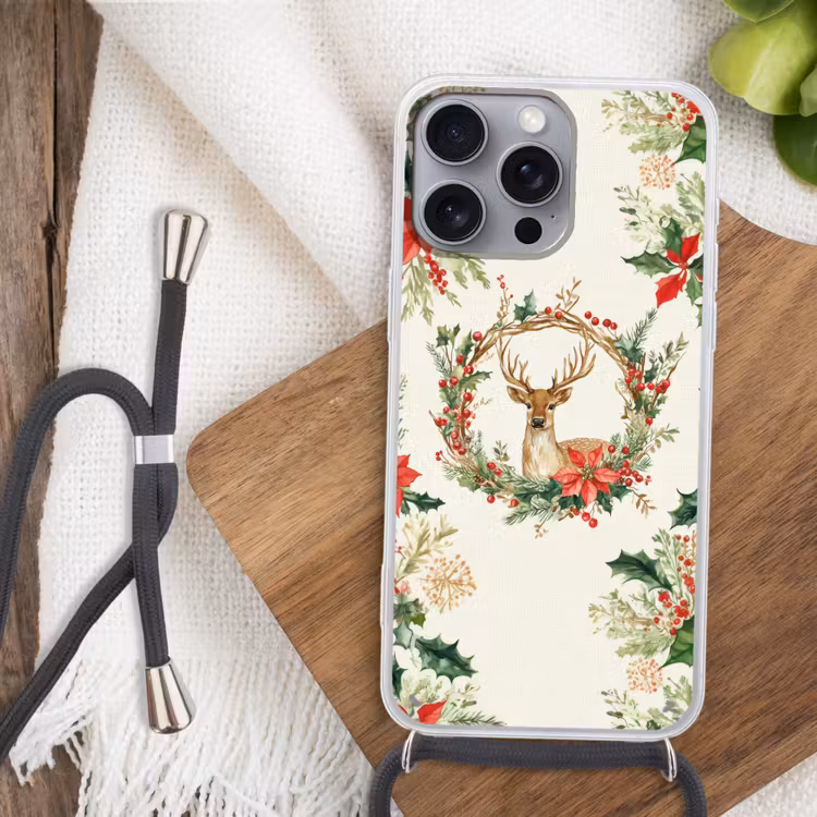 Kerstkrans - Hert - Hulst - Rood Hoesje iPhone 16 Pro Max met koord klein -sfeer4