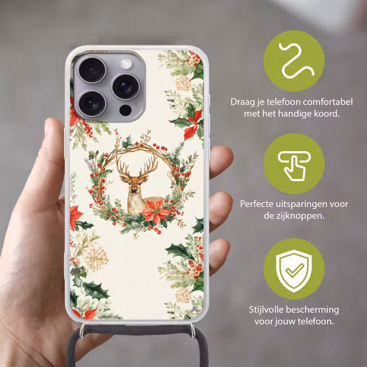 Kerstkrans - Hert - Hulst - Rood Hoesje iPhone 16 Pro Max met koord klein -sfeer2_NL