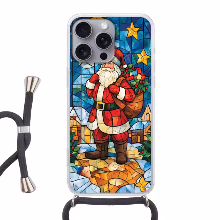 Kerstman - Glas - Kleurrijk Hoesje iPhone 16 Pro Max met koord klein -3d