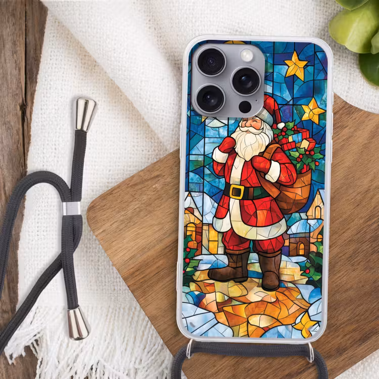 Kerstman - Glas - Kleurrijk Hoesje iPhone 16 Pro Max met koord klein -sfeer4