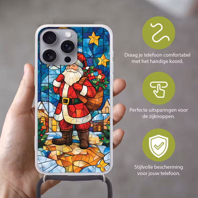 Kerstman - Glas - Kleurrijk Hoesje iPhone 16 Pro Max met koord klein -sfeer2_NL