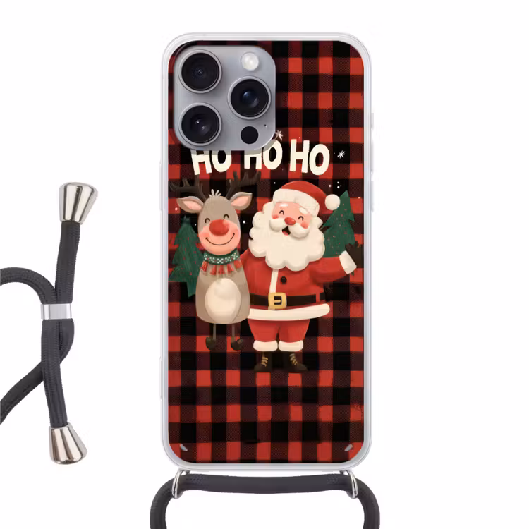Kerstman - Rendier - Tekst - Rood - Zwart Hoesje iPhone 16 Pro Max met koord klein -3d