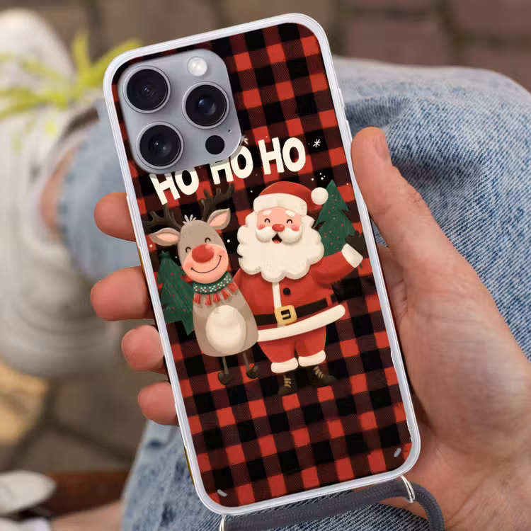 Kerstman - Rendier - Tekst - Rood - Zwart Hoesje iPhone 16 Pro Max met koord klein -sfeer3