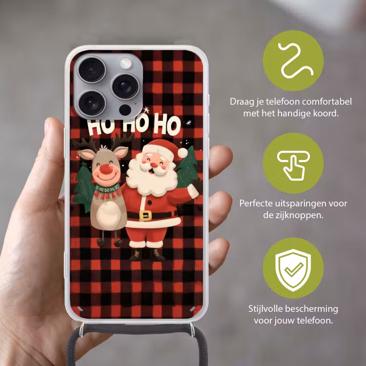 Kerstman - Rendier - Tekst - Rood - Zwart Hoesje iPhone 16 Pro Max met koord klein -sfeer2_NL
