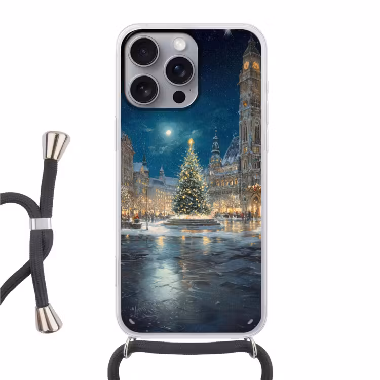 Kerstnacht - Stadsplein - Meerkleurig Hoesje iPhone 16 Pro Max met koord klein -3d