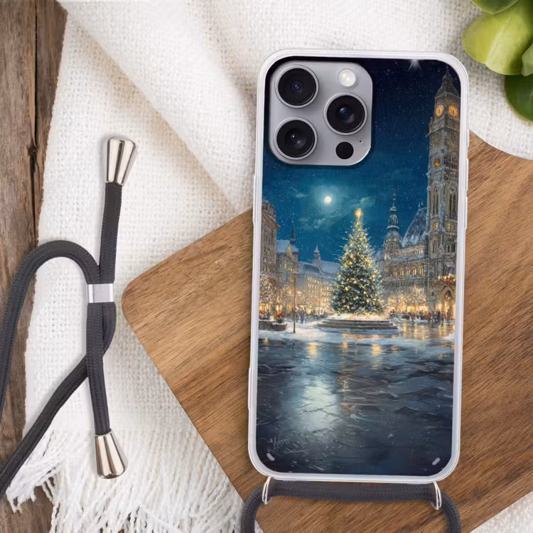 Kerstnacht - Stadsplein - Meerkleurig Hoesje iPhone 16 Pro Max met koord klein -sfeer4