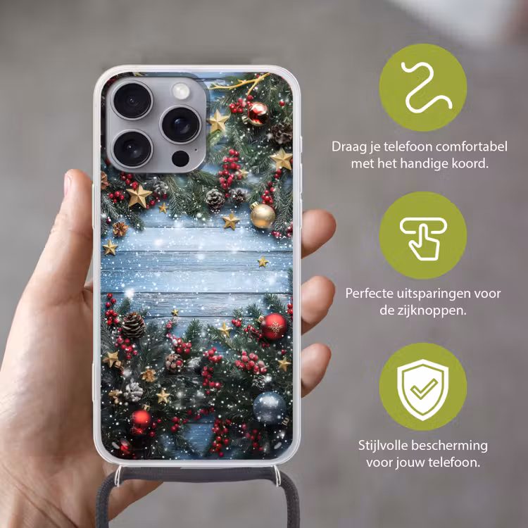 Kerstomlijsting - Sneeuw - Meerkleurig Hoesje iPhone 16 Pro Max met koord klein -sfeer2_NL