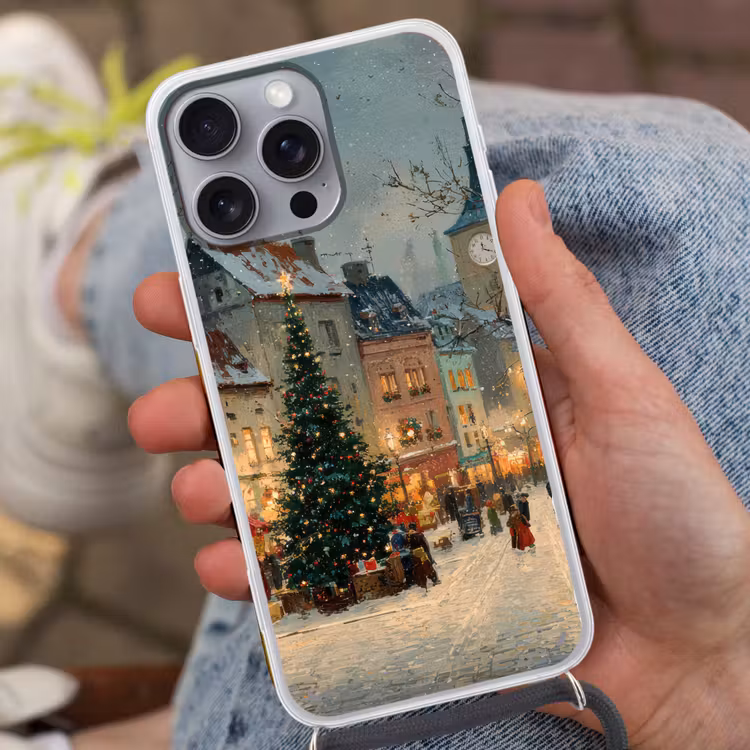 Kerstsfeer - Stadsplein - Kleurrijk Hoesje iPhone 16 Pro Max met koord klein -sfeer3