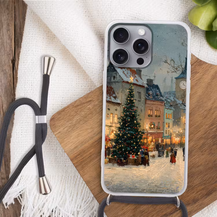 Kerstsfeer - Stadsplein - Kleurrijk Hoesje iPhone 16 Pro Max met koord klein -sfeer4