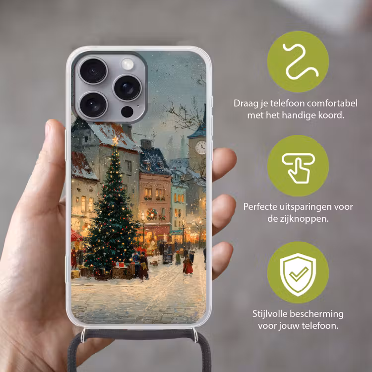 Kerstsfeer - Stadsplein - Kleurrijk Hoesje iPhone 16 Pro Max met koord klein -sfeer2_NL