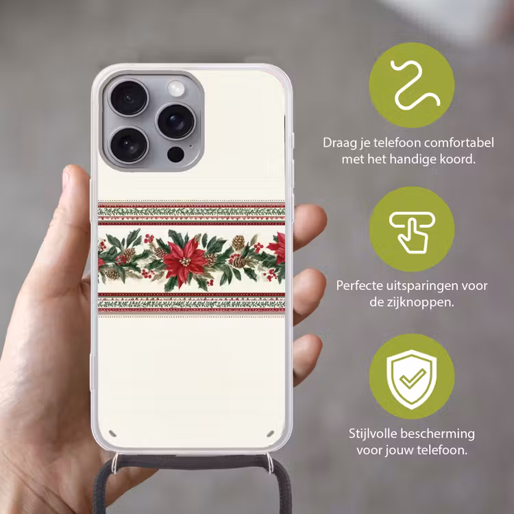 Kerststrook - Poinsettia - Rood - Groen Hoesje iPhone 16 Pro Max met koord klein -sfeer2_NL