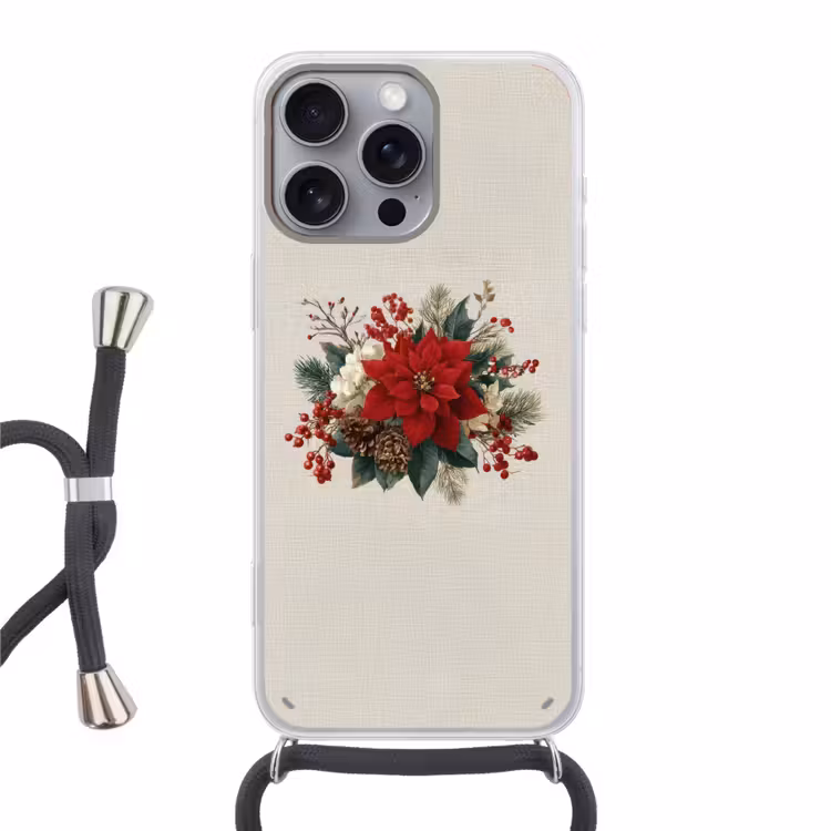 Kerststuk - Poinsettia - Dennenappels - Rood Hoesje iPhone 16 Pro Max met koord klein -3d