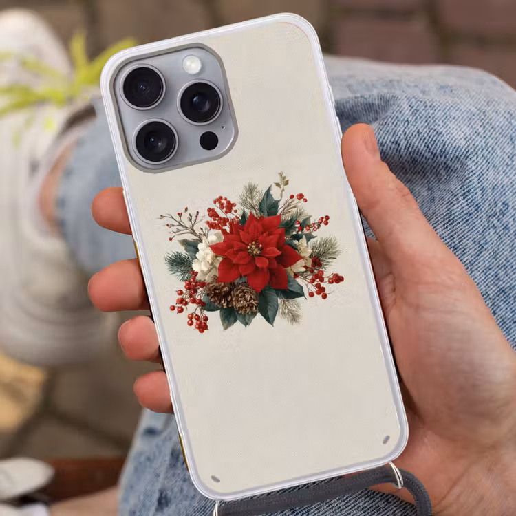 Kerststuk - Poinsettia - Dennenappels - Rood Hoesje iPhone 16 Pro Max met koord klein -sfeer3