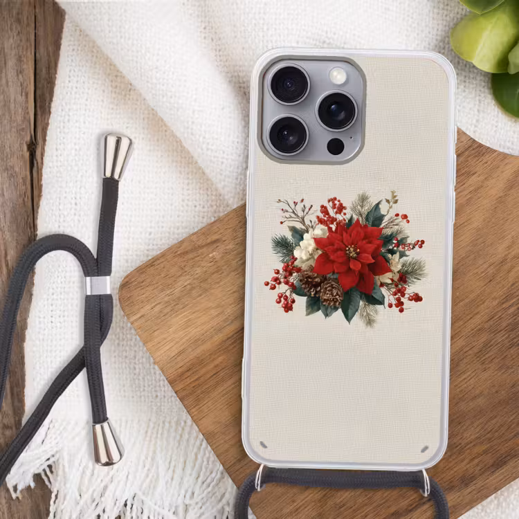 Kerststuk - Poinsettia - Dennenappels - Rood Hoesje iPhone 16 Pro Max met koord klein -sfeer4