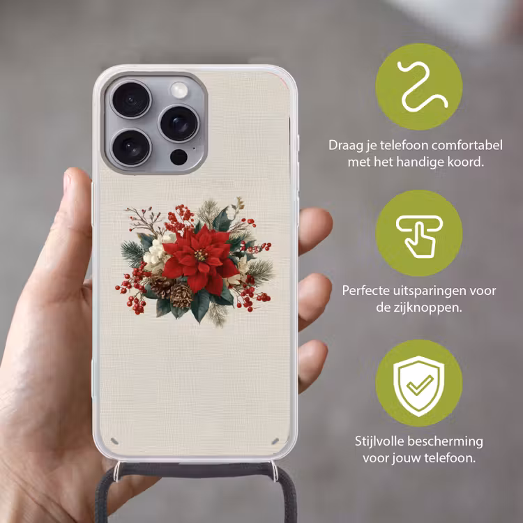 Kerststuk - Poinsettia - Dennenappels - Rood Hoesje iPhone 16 Pro Max met koord klein -sfeer2_NL
