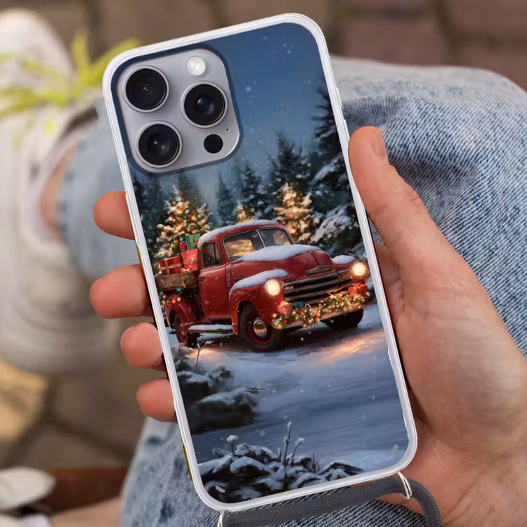 Kersttruck - Sneeuwbos - Rood Hoesje iPhone 16 Pro Max met koord klein -sfeer3