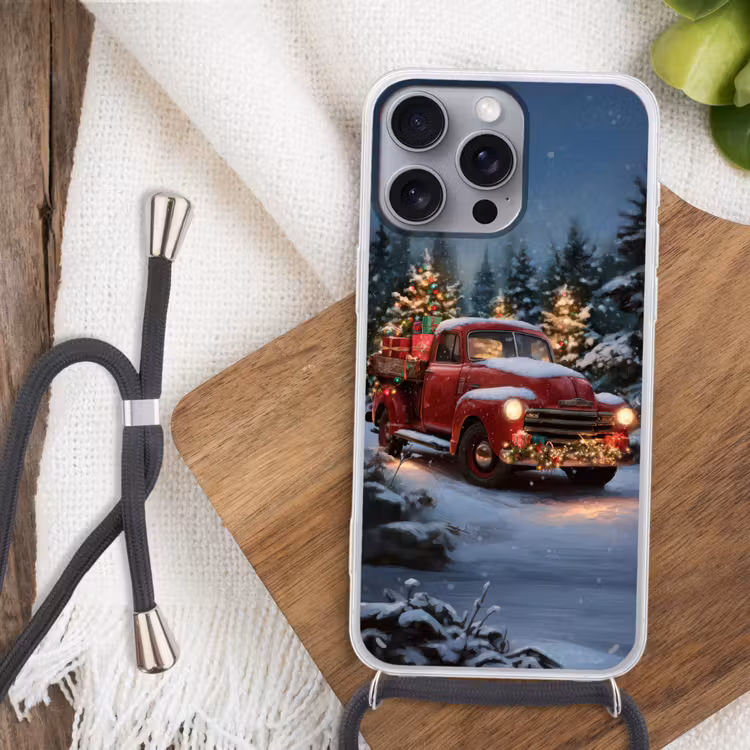 Kersttruck - Sneeuwbos - Rood Hoesje iPhone 16 Pro Max met koord klein -sfeer4