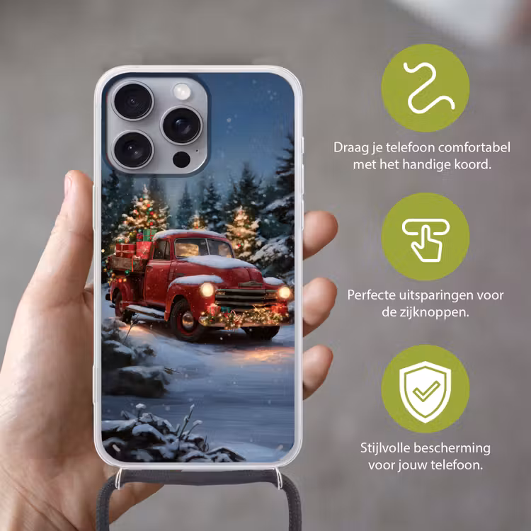 Kersttruck - Sneeuwbos - Rood Hoesje iPhone 16 Pro Max met koord klein -sfeer2_NL