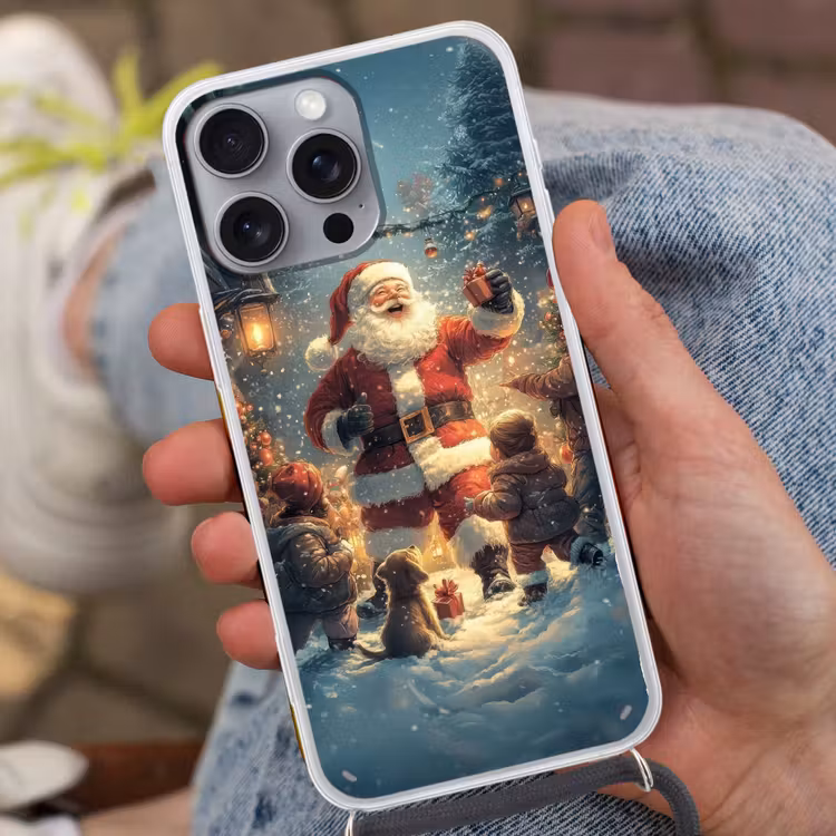 Kerstvreugde - Sneeuw - Kleurrijk Hoesje iPhone 16 Pro Max met koord klein -sfeer3