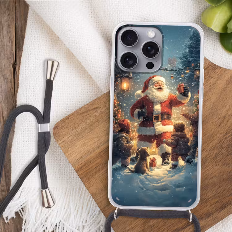 Kerstvreugde - Sneeuw - Kleurrijk Hoesje iPhone 16 Pro Max met koord klein -sfeer4