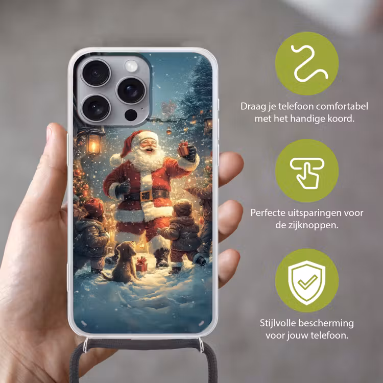 Kerstvreugde - Sneeuw - Kleurrijk Hoesje iPhone 16 Pro Max met koord klein -sfeer2_NL