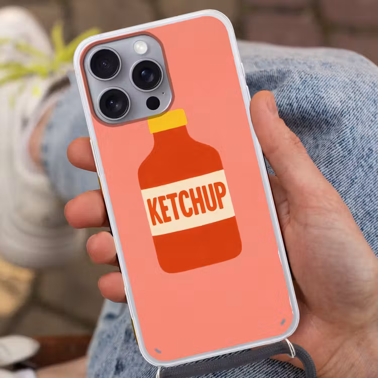 Ketchup - Fles - Rood - Minimalistisch Hoesje iPhone 16 Pro Max met koord klein -sfeer3