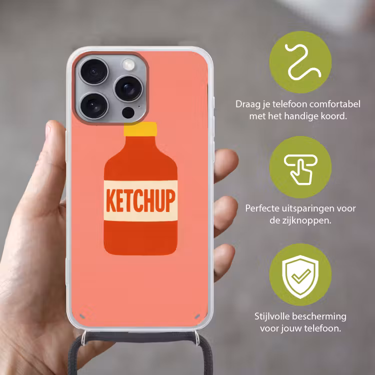 Ketchup - Fles - Rood - Minimalistisch Hoesje iPhone 16 Pro Max met koord klein -sfeer2_NL