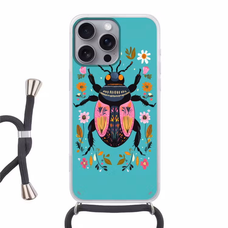 Kever - Bloemmotieven - Turquoise - Bladeren Hoesje iPhone 16 Pro Max met koord klein -3d