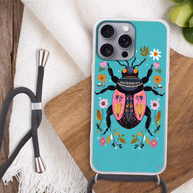Kever - Bloemmotieven - Turquoise - Bladeren Hoesje iPhone 16 Pro Max met koord klein -sfeer4