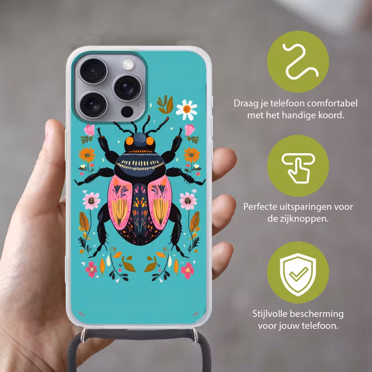 Kever - Bloemmotieven - Turquoise - Bladeren Hoesje iPhone 16 Pro Max met koord klein -sfeer2_NL