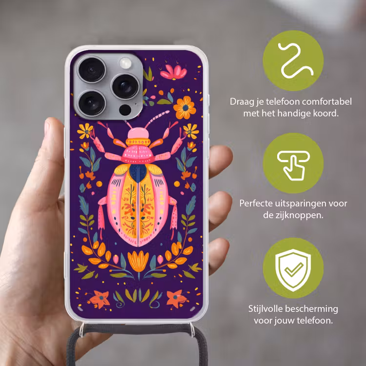 Kever - Felgekleurd - Bloemen - Bladeren Hoesje iPhone 16 Pro Max met koord klein -sfeer2_NL