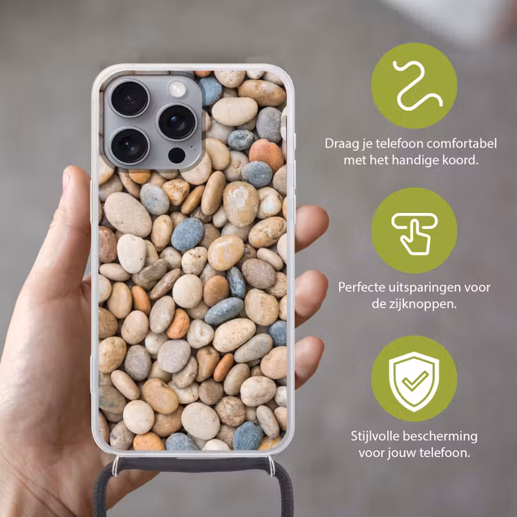 Kiezelstenen - Natuur - Textuur - Beige - Grijs Hoesje iPhone 16 Pro Max met koord klein -sfeer2_NL