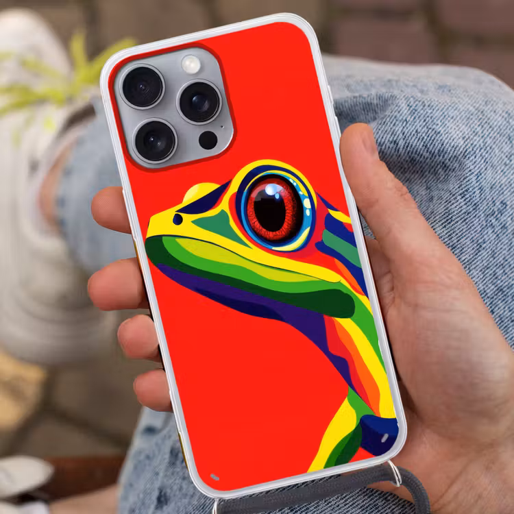 Kikker - Kleurrijk - Strepen - Ogen Hoesje iPhone 16 Pro Max met koord klein -sfeer3