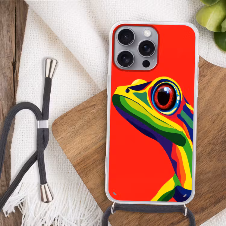 Kikker - Kleurrijk - Strepen - Ogen Hoesje iPhone 16 Pro Max met koord klein -sfeer4