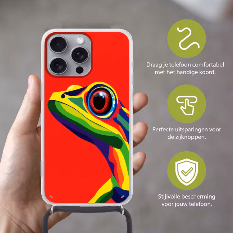 Kikker - Kleurrijk - Strepen - Ogen Hoesje iPhone 16 Pro Max met koord klein -sfeer2_NL