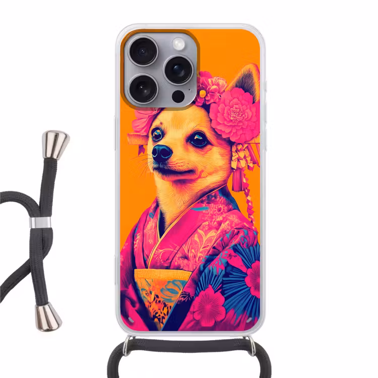 Kimono - Hondje - Bloemenkroon - Oranje Hoesje iPhone 16 Pro Max met koord klein -3d
