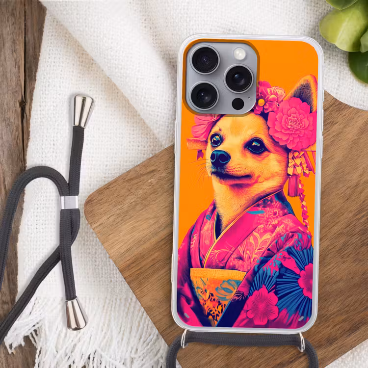 Kimono - Hondje - Bloemenkroon - Oranje Hoesje iPhone 16 Pro Max met koord klein -sfeer4