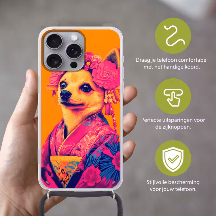 Kimono - Hondje - Bloemenkroon - Oranje Hoesje iPhone 16 Pro Max met koord klein -sfeer2_NL
