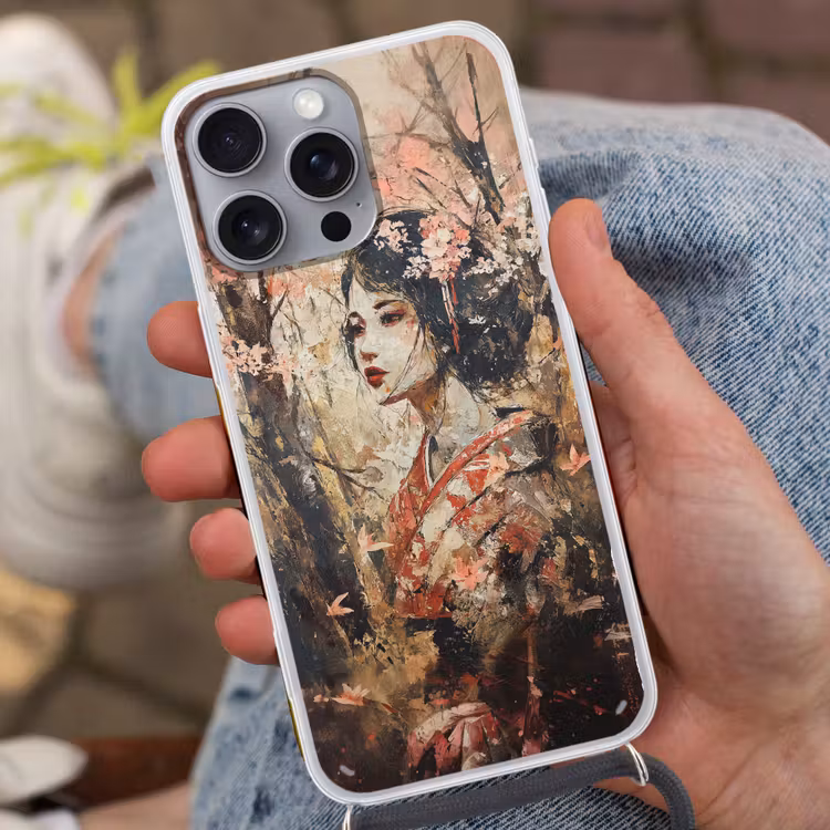 Kimono - Vrouw - kersenbomen Hoesje iPhone 16 Pro Max met koord klein -sfeer3
