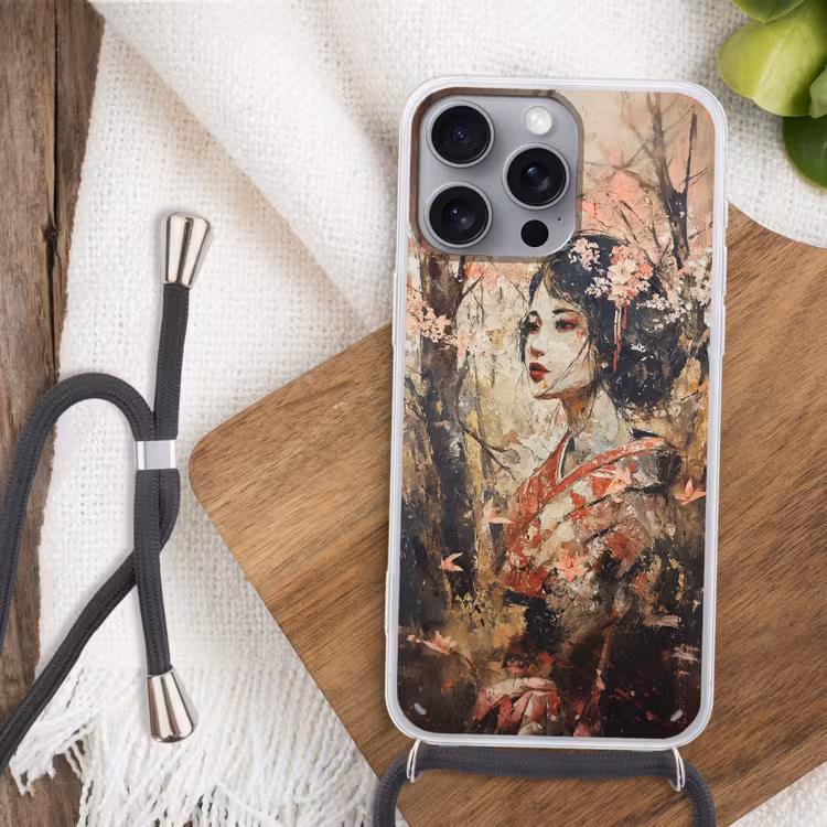 Kimono - Vrouw - kersenbomen Hoesje iPhone 16 Pro Max met koord klein -sfeer4