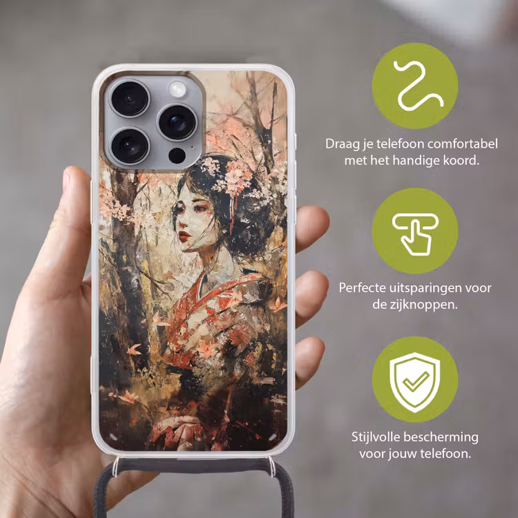 Kimono - Vrouw - kersenbomen Hoesje iPhone 16 Pro Max met koord klein -sfeer2_NL
