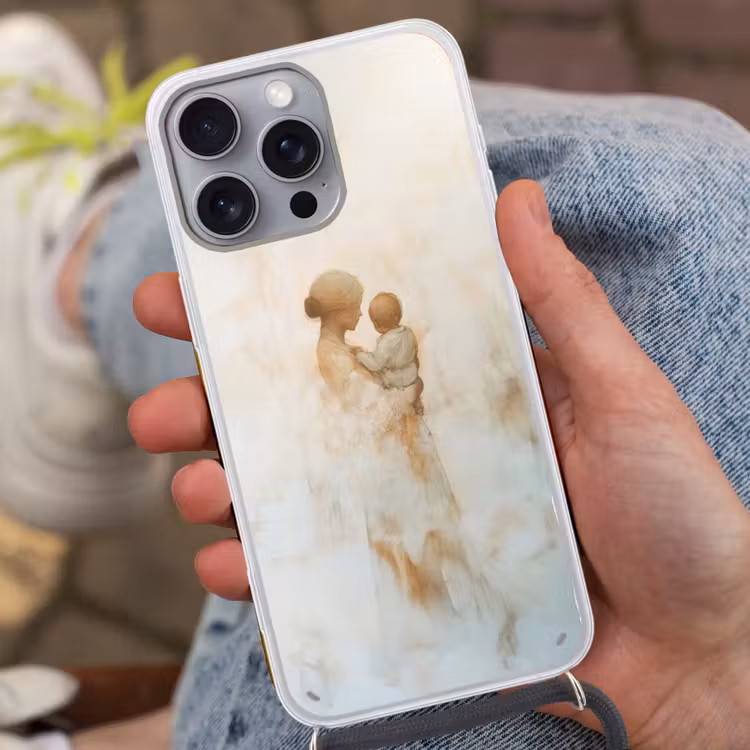 Kind - Moeder - Waterverfschilderij Hoesje iPhone 16 Pro Max met koord klein -sfeer3