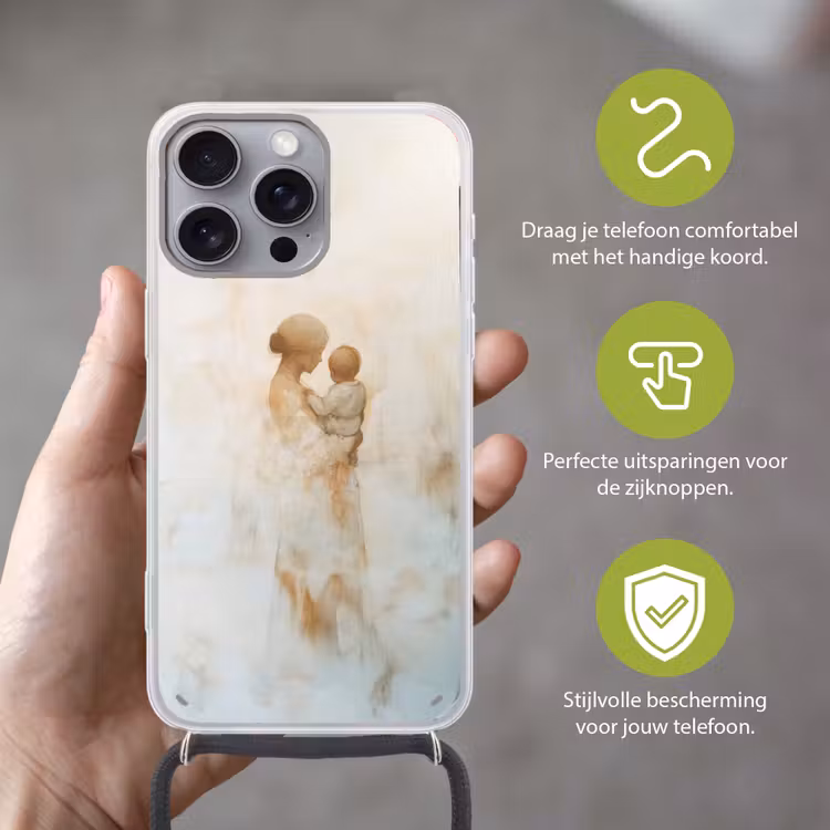 Kind - Moeder - Waterverfschilderij Hoesje iPhone 16 Pro Max met koord klein -sfeer2_NL