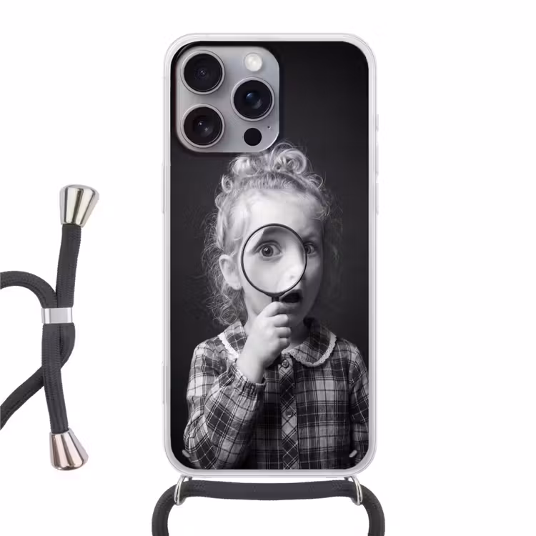 Kind - Vergrootglas - Portret - Zwart-wit Hoesje iPhone 16 Pro Max met koord klein -3d